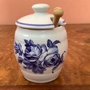 REVOL Mustard Jar & Spoon La Porcelaine France Moutarde Fine de Dijon Blue Roses